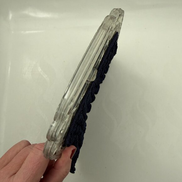 VINTAGE 30s Popcorn Crochet Navy Blue Peacock Handle Evening Bag - Picture 7 of 15